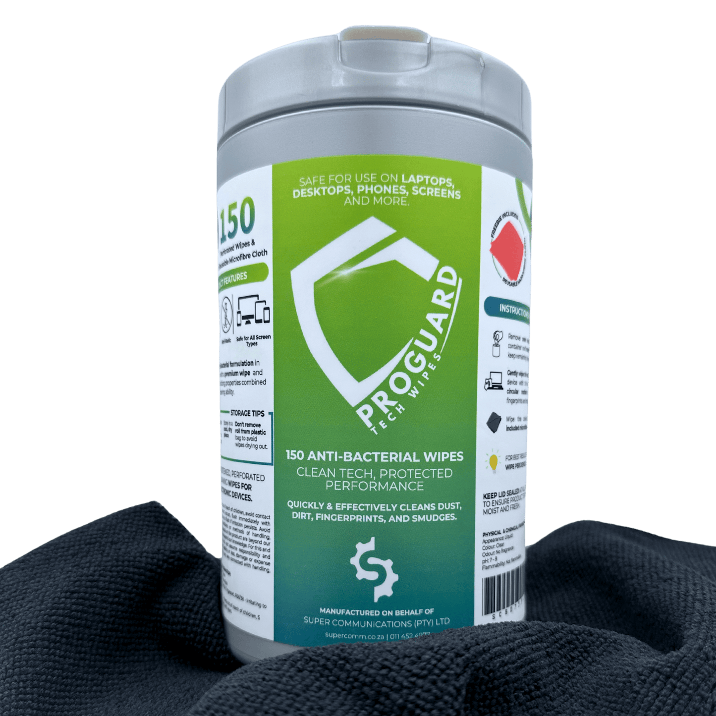 Super Communications  Tech Wipe ProGuard Anti-Bacterial Device Cleaning Wipes + Reusable Microfibre Cloth