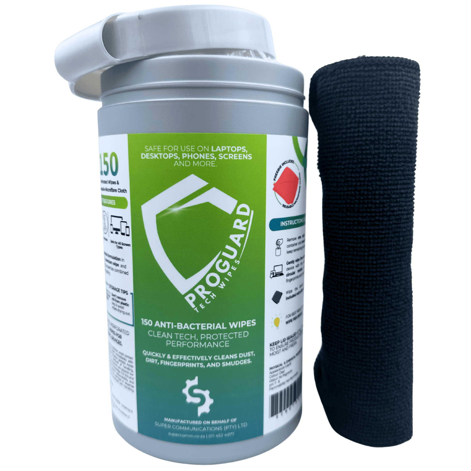 Super Communications  Tech Wipe ProGuard Anti-Bacterial Device Cleaning Wipes + Reusable Microfibre Cloth