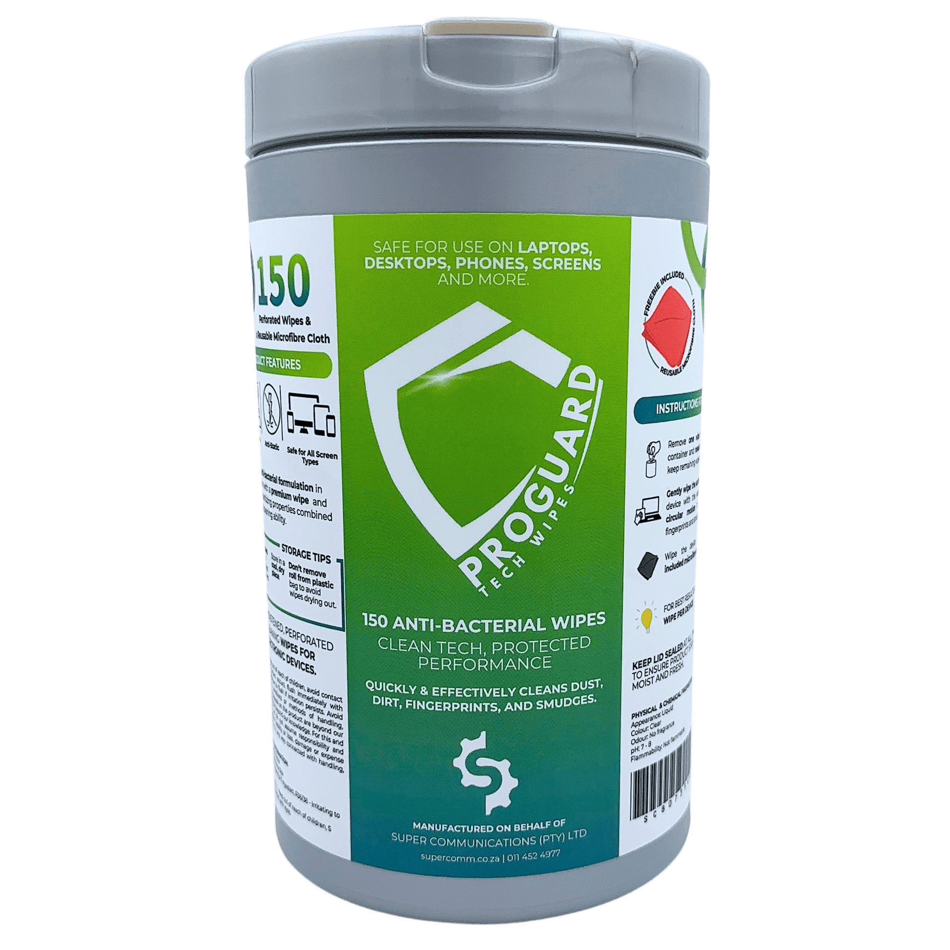 Super Communications  Tech Wipe ProGuard Anti-Bacterial Device Cleaning Wipes + Reusable Microfibre Cloth