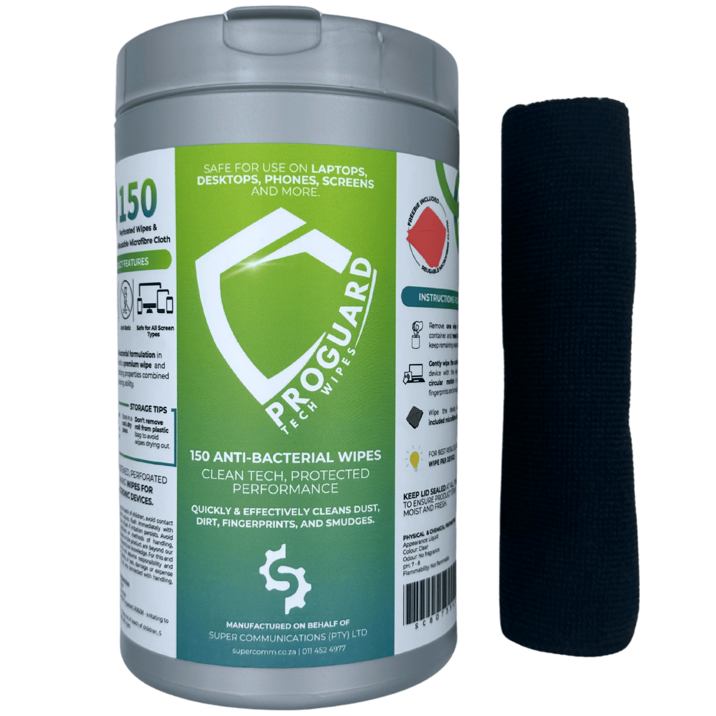 Super Communications  Tech Wipe ProGuard Anti-Bacterial Device Cleaning Wipes + Reusable Microfibre Cloth