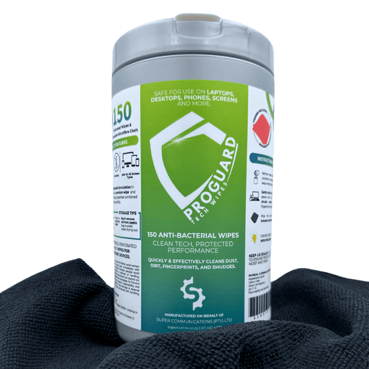 Super Communications  Tech Wipe ProGuard Anti-Bacterial Device Cleaning Wipes + Reusable Microfibre Cloth