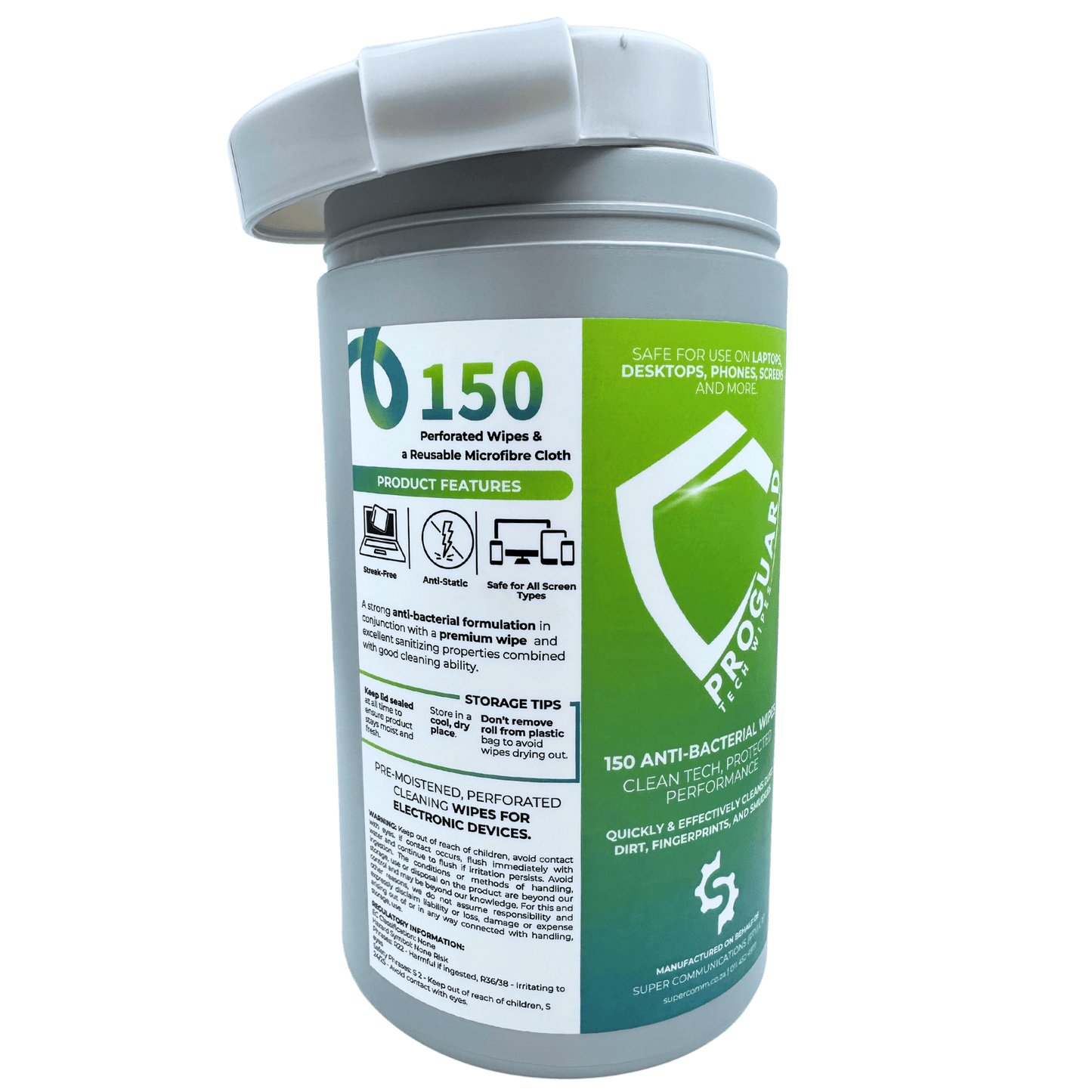 Super Communications  Tech Wipe ProGuard Anti-Bacterial Device Cleaning Wipes + Reusable Microfibre Cloth