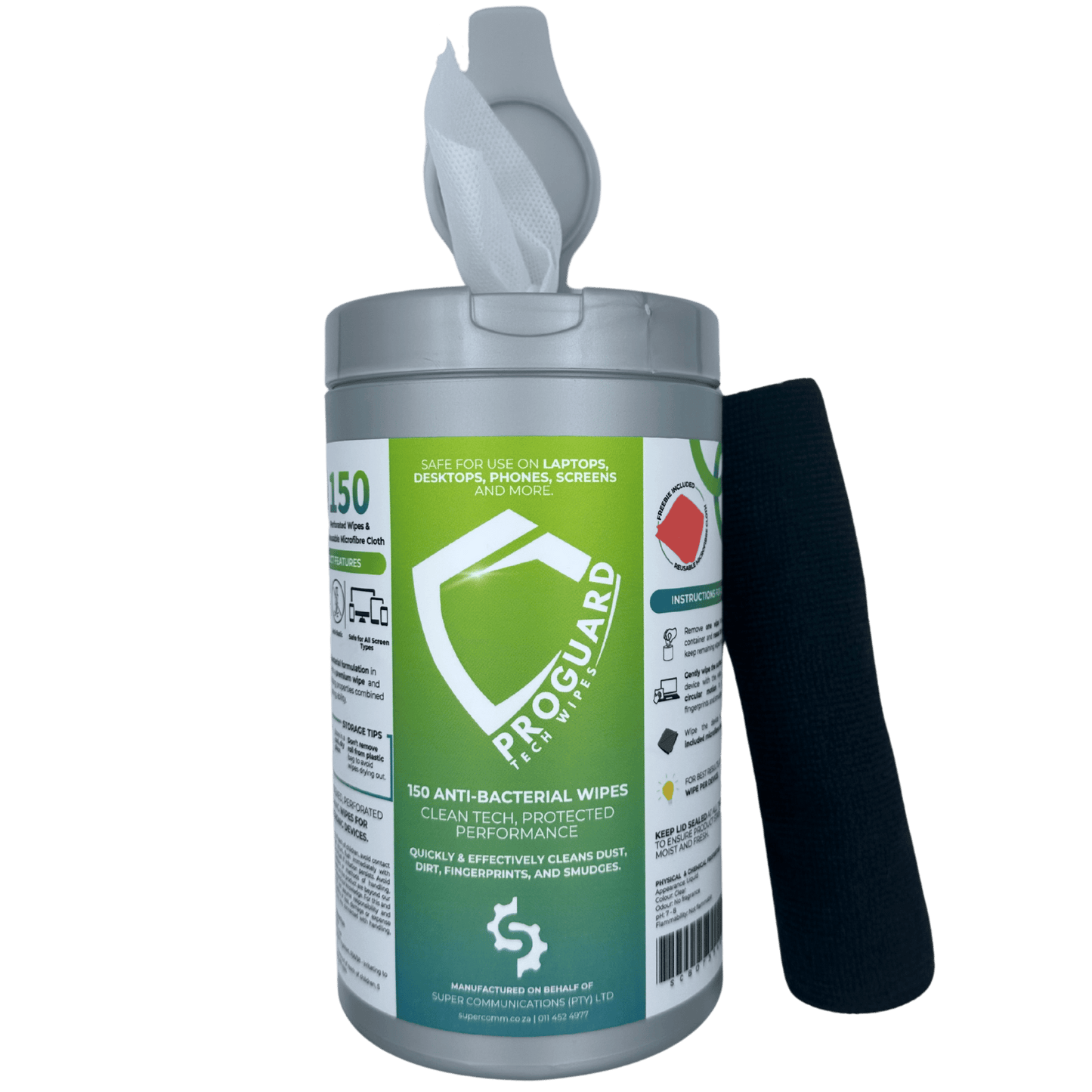 Super Communications  Tech Wipe ProGuard Anti-Bacterial Device Cleaning Wipes + Reusable Microfibre Cloth