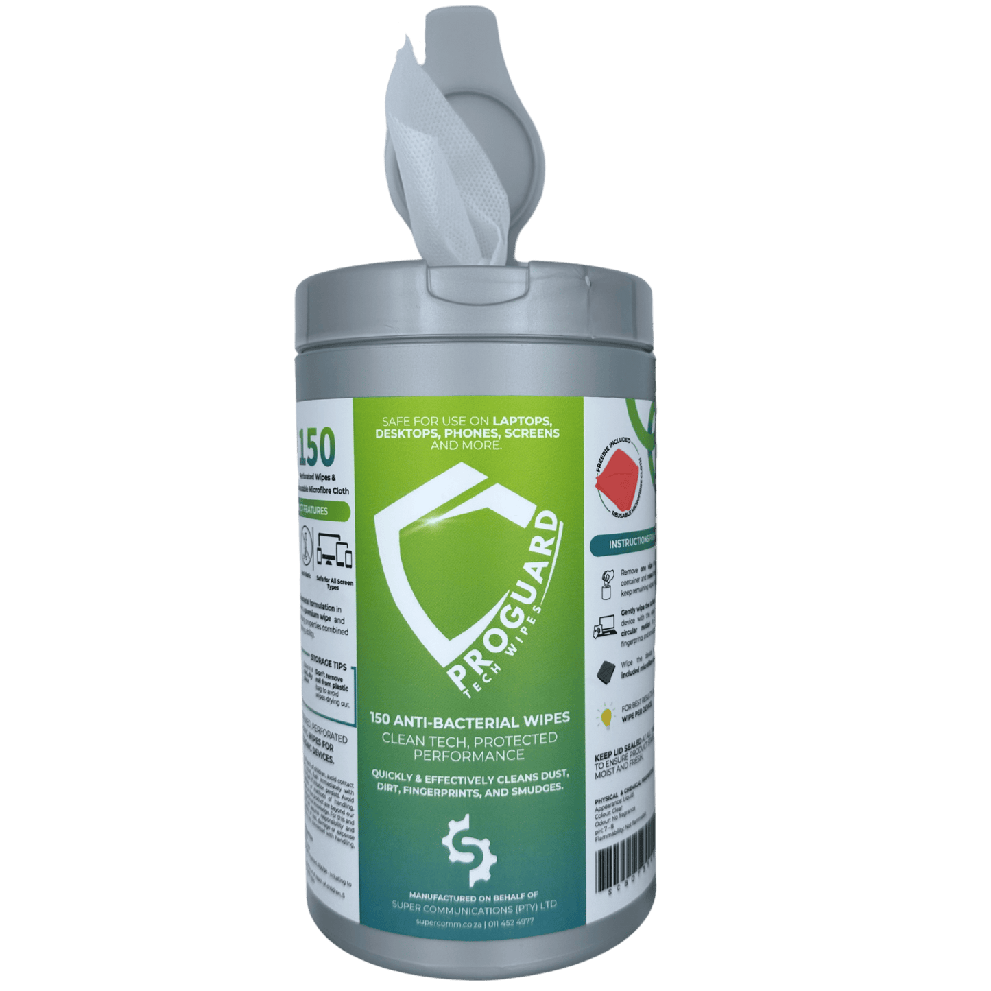 Super Communications  Tech Wipe ProGuard Anti-Bacterial Device Cleaning Wipes + Reusable Microfibre Cloth